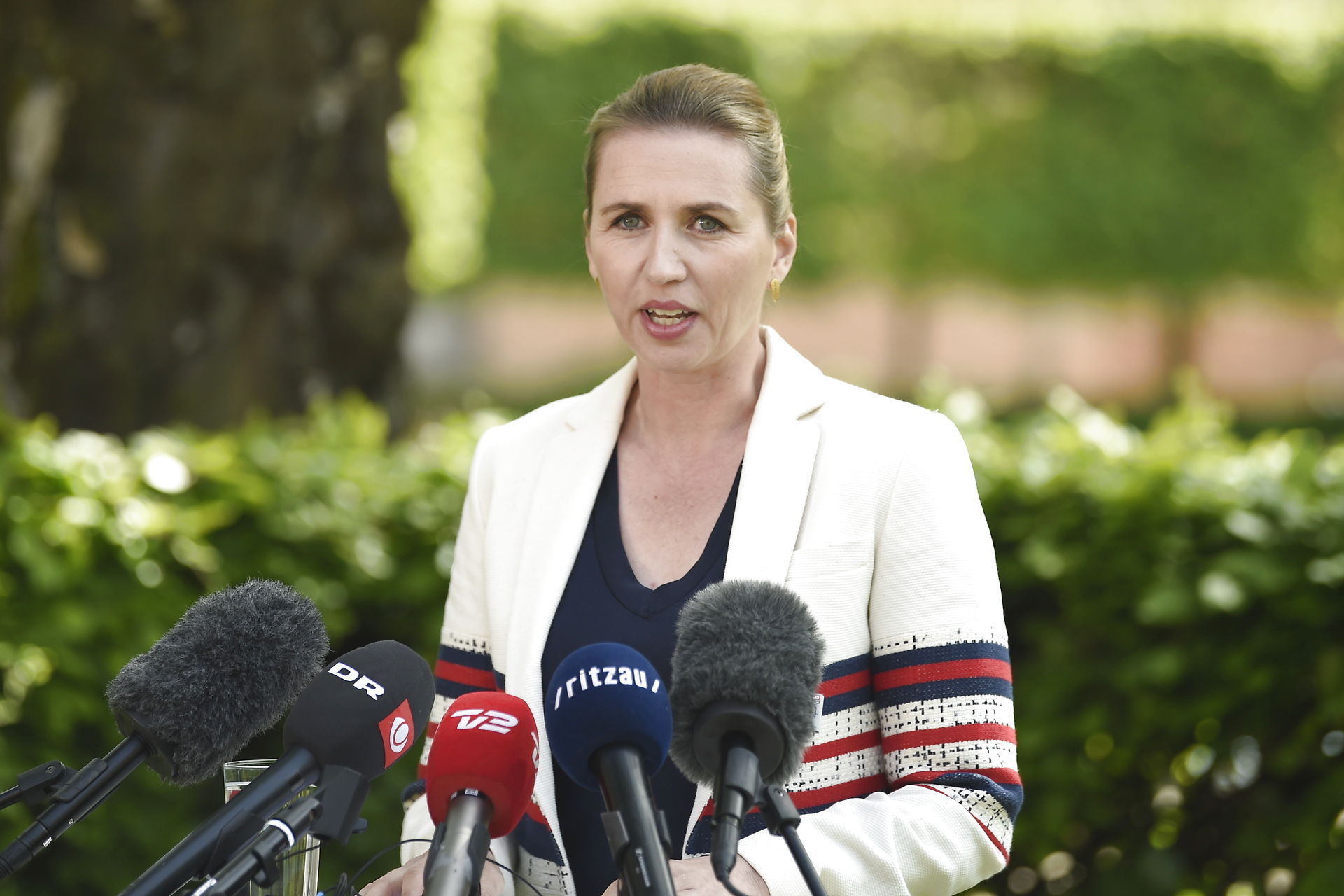 Forkvinnan í danska Javnaðarflokkinum, Mette Frederiksen, á tíðindafundi seinnapartin (Foto: Liselotte Sabroe/Scanpix 2019)