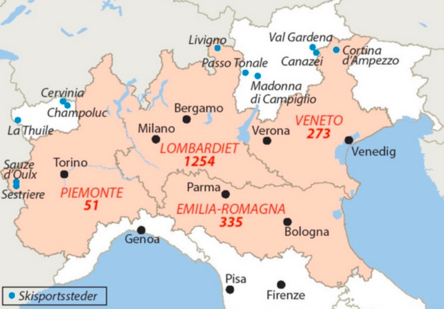 Hetta eru tey økini í Italia, sum eru hart rakt av corona virus beint nú