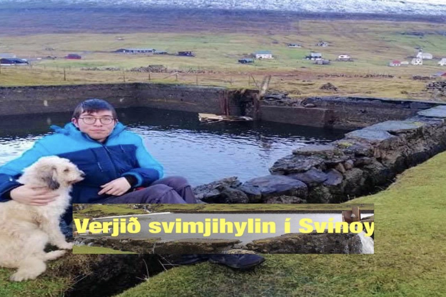 Petur saman við hundi sínum Obadias eystan fyri svimjihylin í Svínoy